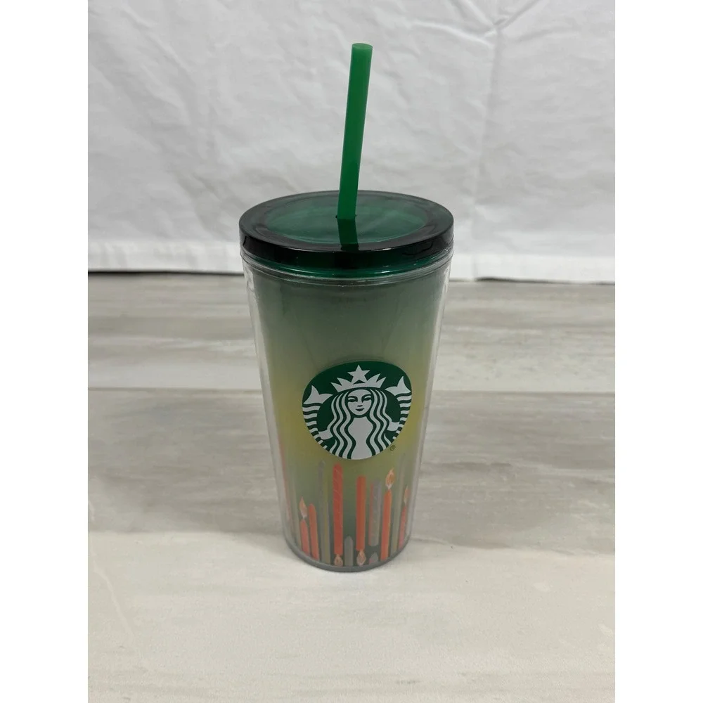 Starbucks 2021 Green Yellow Gradient Candle Cold Cup Tumbler 16oz with Straw